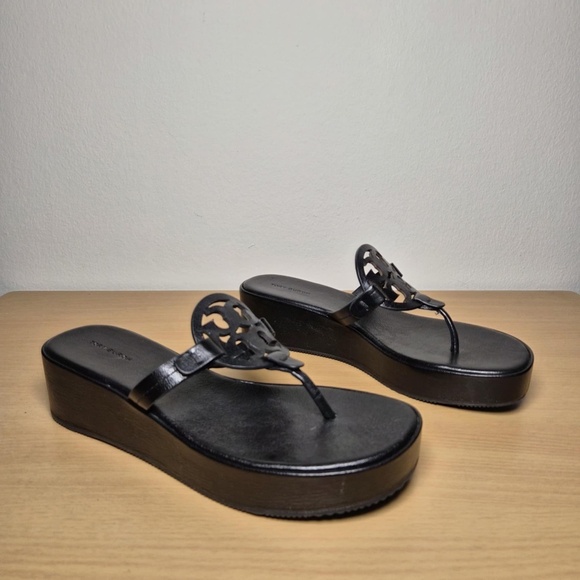 Tory Burch Miller Wedge Leather Sandals Black Excellent Condition US 9.5 - Picture 6 of 8